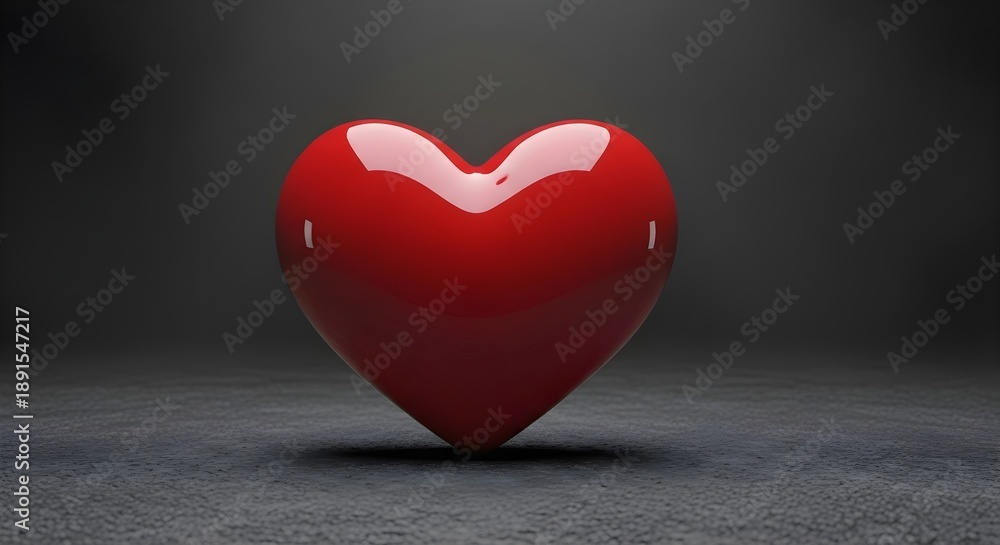 Fototapeta premium Shiny Red Heart Sculpture: 3D glossy heart reflecting light on dark textured floor with spotlight, bold romantic symbol, strength of love and passion concept