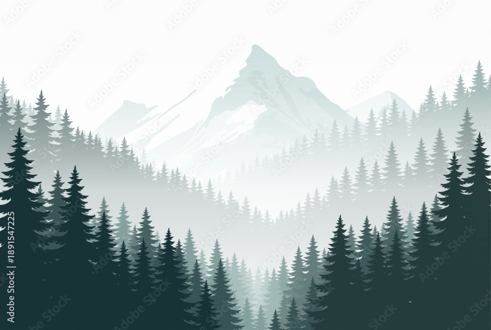 Fototapeta premium Misty Pine Forest Landscape Illustration with Mountain Path. Tranquil Evergreen Woodland Background, Nature Scenic Vector Art for Outdoor, Adventure, Hiking, and Wilderness Themes.
