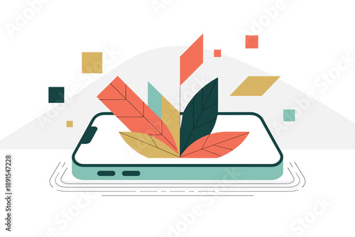 A colorful vector graphic of a smartphone with leaves growing out of it, symbolizing growth and technology