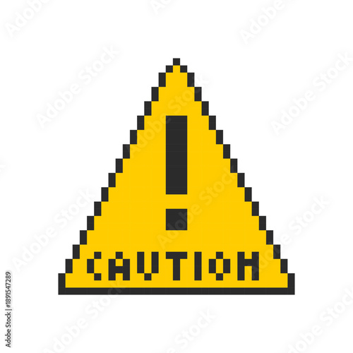 Triangular yellow exclamation mark. Pixel warning yellow danger triangle. Vector illustration.