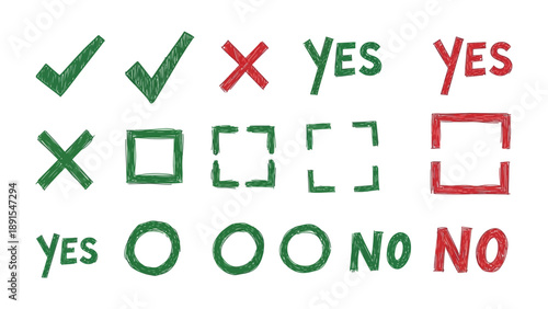Decision Elements: An assortment of elements illustrating choice, agreement, and rejection. Capturing the essence of decision-making and acceptance, these diverse icons.