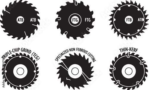 Six different circular saw blades on a white background