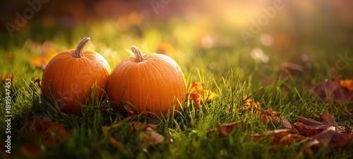 The Pumpkins Resting on Sunlit Autumn Grass with Fallen Leaves and Bokeh