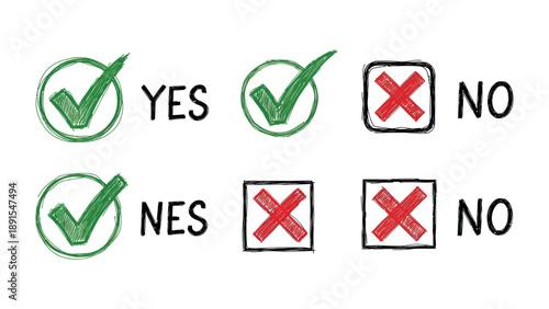 Yes, No Decision Elements: Simplified visual choices with an expressive mark within a frame, offering a clean, clear message of affirmation or denial.