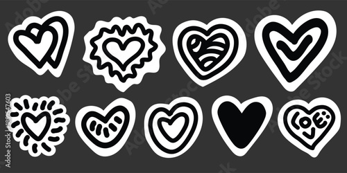 A hand-drawn sticker set featuring heart shapes in a playful doodle style. This vector illustration collection is perfect for stickers, planners, scrapbooking, social media content, messaging apps, br
