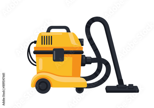 Yellow industrial vacuum cleaner with black hose and nozzle.