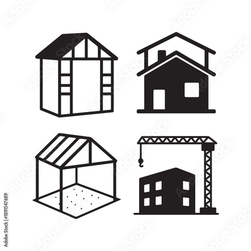 Modern Residential House Construction Icons Representing Architecture Building Process Engineering and Real Estate.