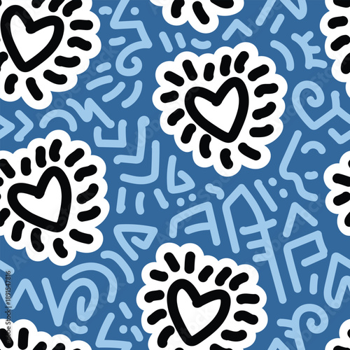 Seamless repeating pattern featuring love-themed doodles combined with abstract blue doodle elements. This hand-drawn vector pattern is perfect for textile design, fabric, wallpaper, wrapping paper, p