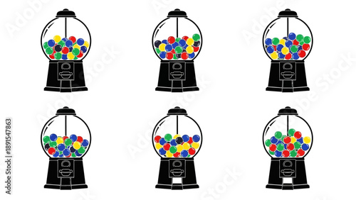 Six Vintage Gumball Machines Filled with Colorful Candies