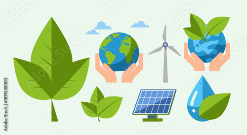 Sustainable living concept with eco-friendly elements and renewable energy sources surrounding the earth