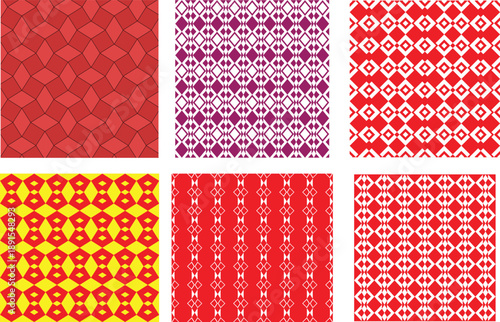 Set of geometric seamless patterns texture with abstract rhombus and diamond shapes. Diamond motifs, and repetitive rhombus shapes for jester, carnival in bold red, purple, and yellow palettes.