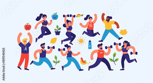 Vibrant people exercising and enjoying healthy food together in a lively outdoor setting viewed from above