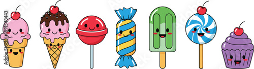 Cartoon sweet treat icon set with smiling faces and colorful desserts, vector illustration, editable design, isolated symbols