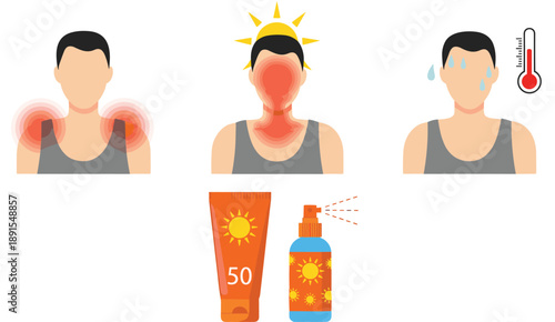 Heatstroke and sunburn symptoms with shoulder pain, high body temperature, sweating man, sunscreen SPF 50 protection illustration guide