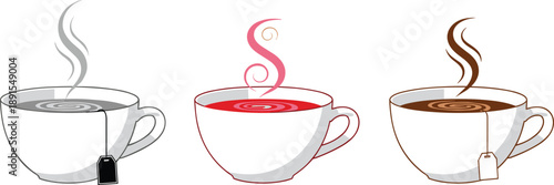 Hot tea cup illustrations set with steam and teabag showing different flavors, cozy drink concept, cafe menu design element