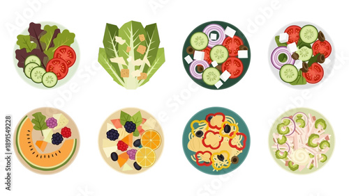 Top View Assortment of Fresh Salads and Fruit Bowls