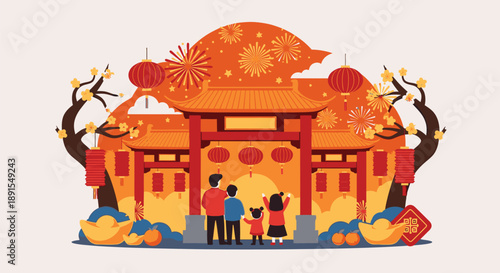 Family Visiting Traditional Temple During Cultural Festival Celebrations, Standing in Front of Ornate Gate with Vibrant Decorations and Lanterns