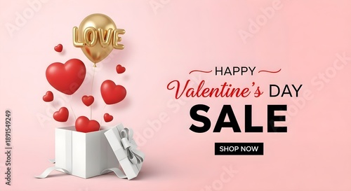 Valentines Day Sale Banner: Red hearts and golden Love balloon flying from open gift box on pink background, promotional retail poster, shopping and discount concept