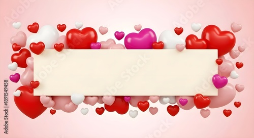 Heart Border Banner: Long white rectangular frame surrounded by red and pink 3D hearts on soft pink background, copy space for text, romantic announcement and header concept