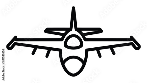 Military fighter jet aircraft icon in minimal outline style representing air force aviation, defense technology and combat aircraft concept