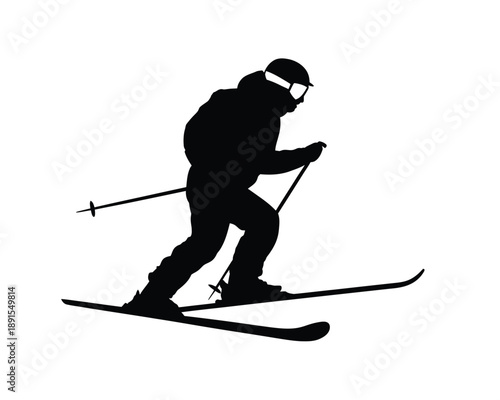 A skier in motion, captured in a dynamic silhouette against a clean white background, conveying a sense of speed and agility.