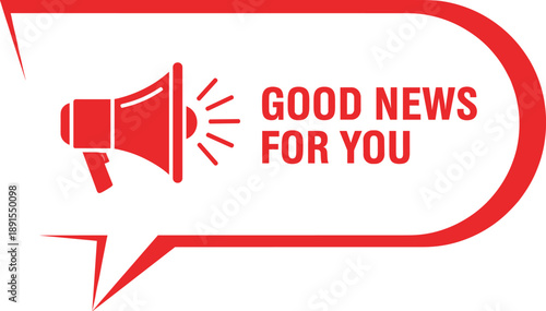 Red megaphone icon with Good News For You text in a speech bubble banner for promotion announcement and marketing communication