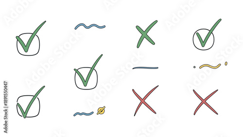 Icons of Decision-Making: A collection of hand-drawn checkmarks and cross marks, accompanied by whimsical squiggles, offers a playful exploration of choices, approvals, and rejections.