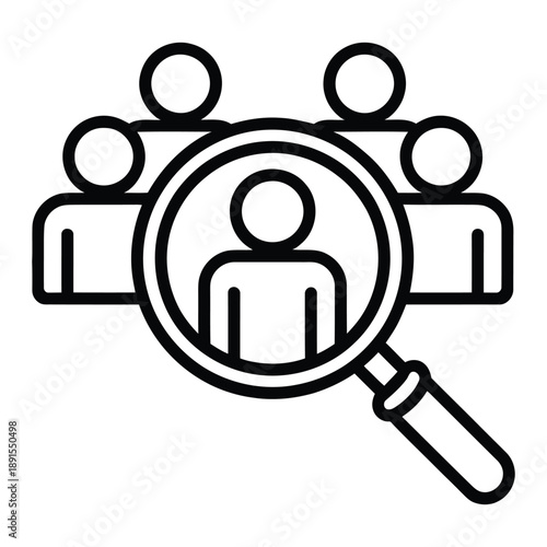 Human resources recruitment icon with magnifying glass searching people for hiring, talent selection and team management concept