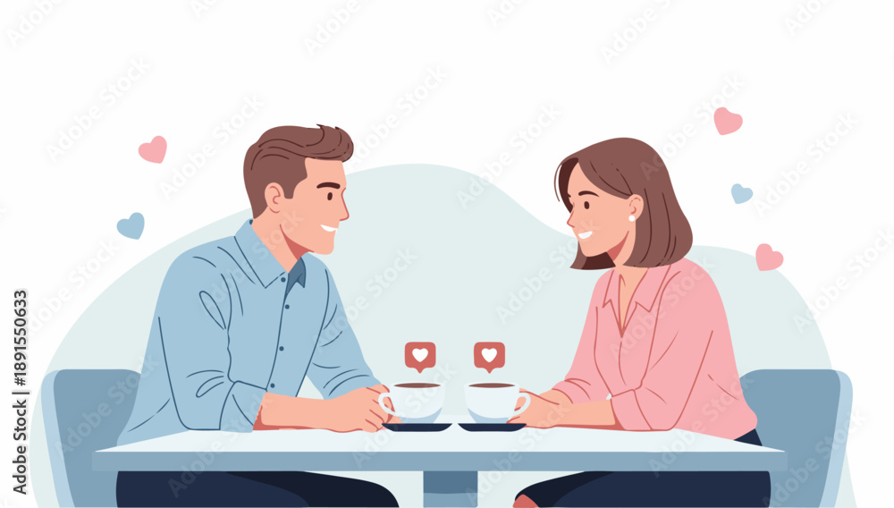 Obraz premium Flat illustration of a romantic couple sitting together at a table and enjoying coffee in valentine day.