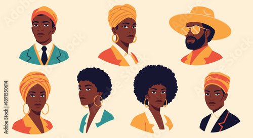 Diverse group of people with afro hairstyles in various outfits and accessories illustrated from different viewpoints