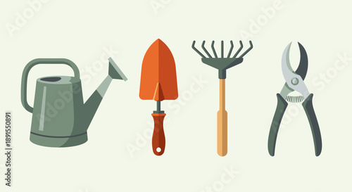 Gardening tools including watering can, trowel, rake, and pruning shears arranged neatly