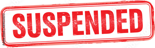 Red suspended rubber stamp with grunge texture in a rounded rectangle frame for account status notification and official business warning