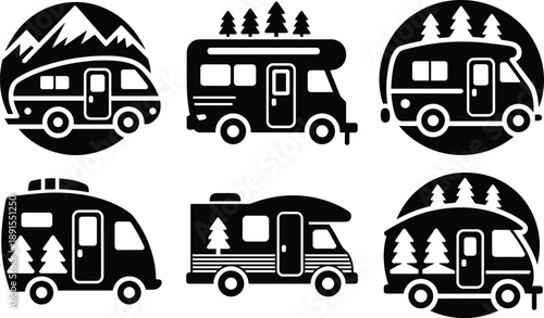 Camping RV and camper van silhouette icons set, outdoor adventure travel vehicles with mountains and forest backgrounds, isolated on white