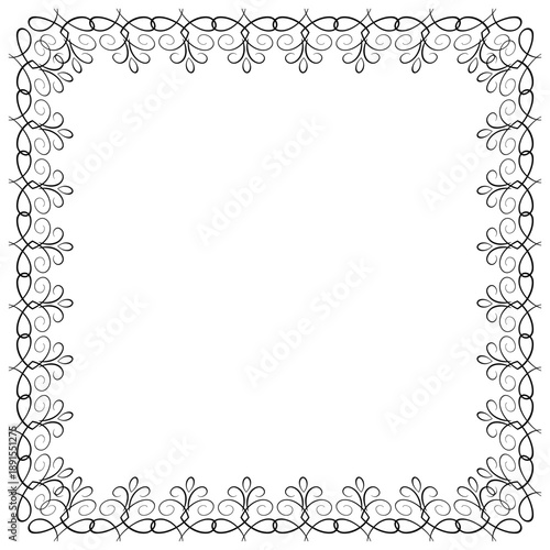 Square frame of filigree curved lines. Monochrome classic style design element. Black ornamental lattice and free space. Fantasy ornate border for page, organizer, blank