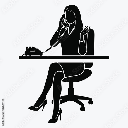 Vector silhouette of a businesswoman sitting at a desk, talking on an old-fashioned landline phone. Ideal for business communication, office, and retro tech concepts