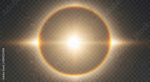 Solar eclipse with bright sun and corona visible in the dark sky with sun rays shining through