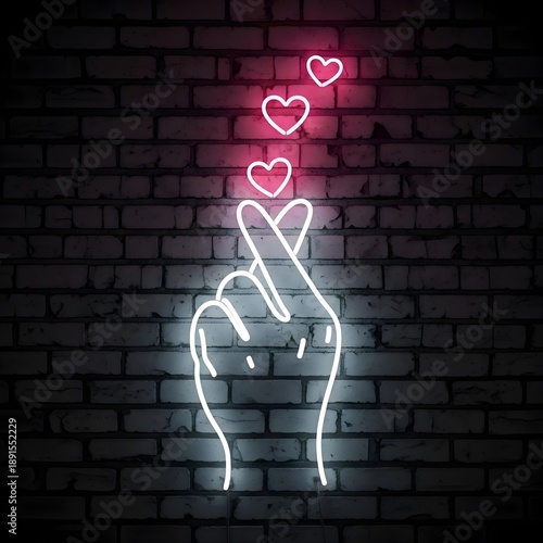 Finger Heart Neon: Korean k-pop hand gesture with three glowing pink hearts on dark brick wall, trendy social media culture, modern youth romance and digital love concept