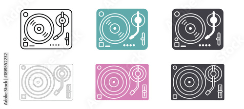 DJ Turntable Vector Icon Set, Vinyl Record Player, Music Mixer Concept, Line and Flat Design Illustration.