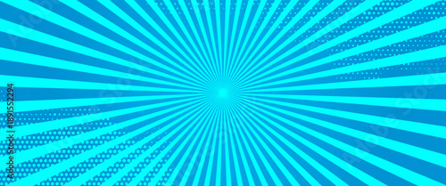 Comic background. Pop art texture. Starburst cartoon style. Anime design with explosion effect for print. Fun dot pattern. Blue backdrop with halftone gradient.