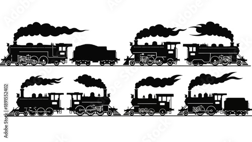 Vintage Steam Trains Silhouette Collection: Old Locomotives with Smoke Puffs
