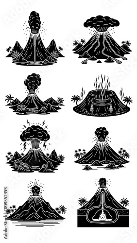 Volcano Eruption Set: Lava Flow, Ash Cloud, Explosion, Cross-section, Tropical Island