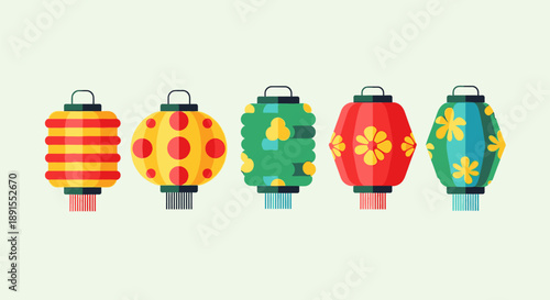 A row of five colorful lanterns with different patterns and designs hanging in a line