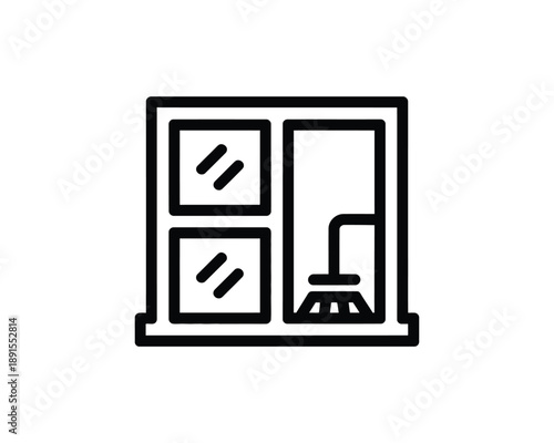 A simple black and white icon of a window with a vacuum cleaner inside