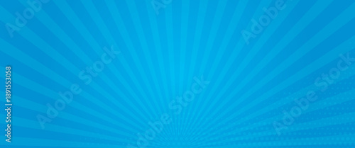 Comic background. Pop art texture. Starburst cartoon style. Anime design with explosion effect for print. Fun dot pattern. Blue backdrop with halftone gradient.