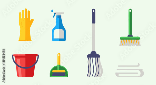 Cleaning supplies and tools arranged neatly on a surface, viewed from directly above