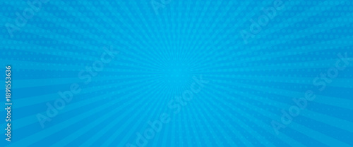 Comic background. Pop art texture. Starburst cartoon style. Anime design with explosion effect for print. Fun dot pattern. Blue backdrop with halftone gradient.