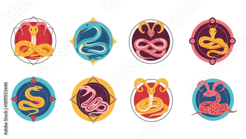 Zodiac Snake Symbols Set: Chinese Astrology Icons, Mystical Creatures, Esoteric Designs