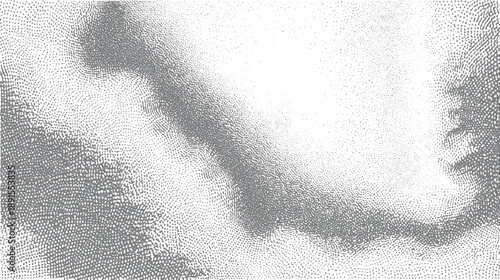 Abstract pattern of gray dots varying in density and size creating textured waves and gradients on a white background