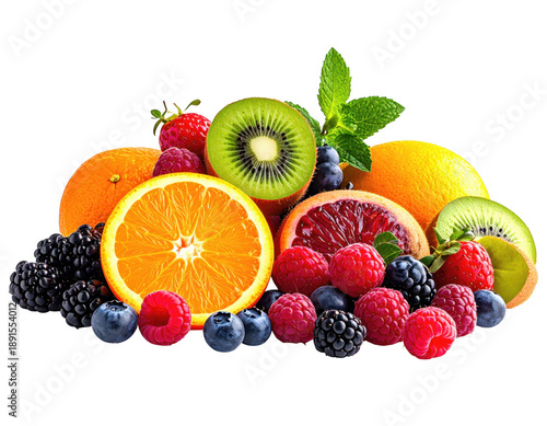 Vibrant assortment of fresh berries and citrus fruits on a black background