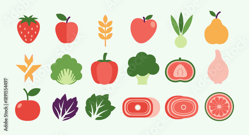 Collection of vibrant fruit and vegetable illustrations on a light background